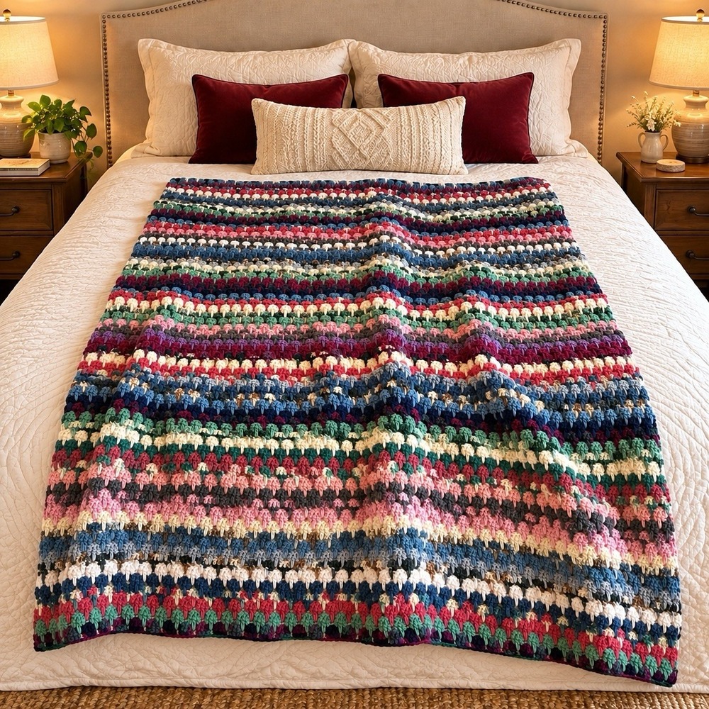 Vintage Handmade Crochet Afghan Multicolor Granny Stripe Weighty Blanket 51x74